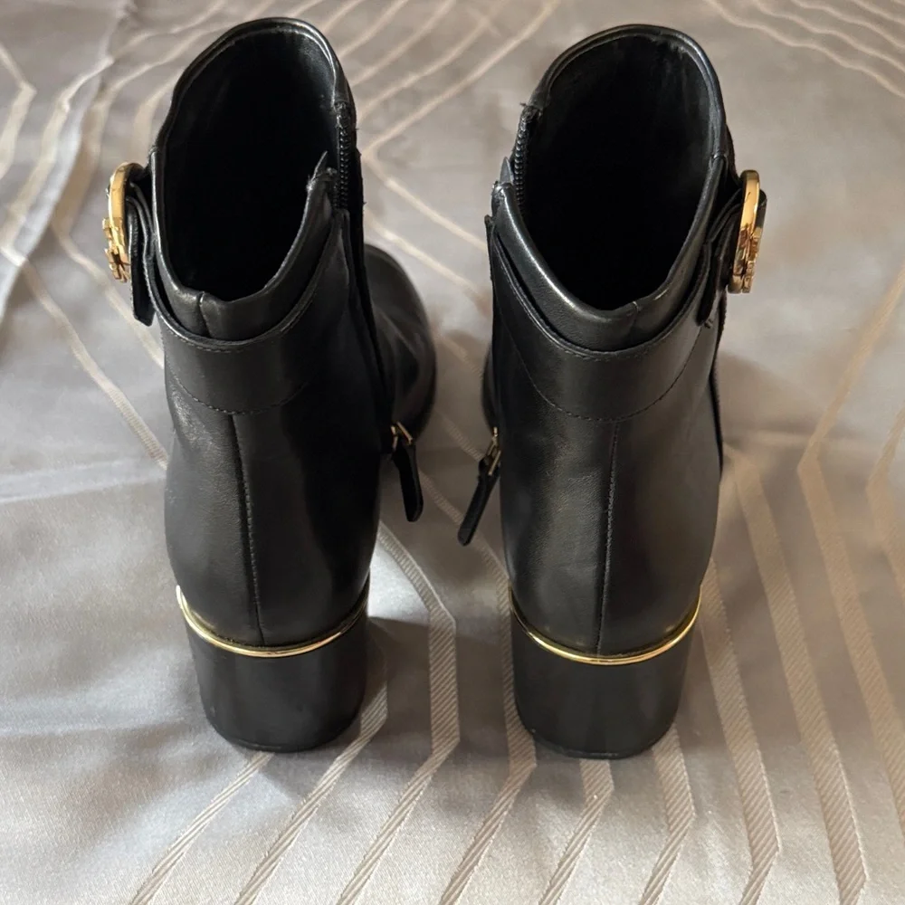 Tory Burch Sofia Dress Leather Black Leather Ankle Boots with Gold Accents - Picture 8 of 10